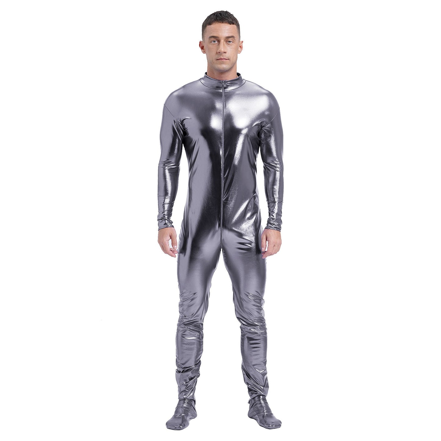 Men's Shiny Metallic Zentai Dress-up Jumpsuit Cosplay Costume Performance Stage Disco Clubwear Full Body Unitard Tights Leotard
