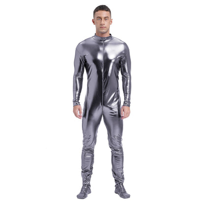 Men's Shiny Metallic Zentai Dress-up Jumpsuit Cosplay Costume Performance Stage Disco Clubwear Full Body Unitard Tights Leotard