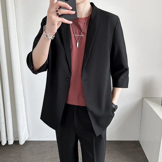 Men's Casual Seven-Five Sve Suit Jaet Thin Summer Faionable Korean Sle Five-Five ort Sve Small Western Clothes
