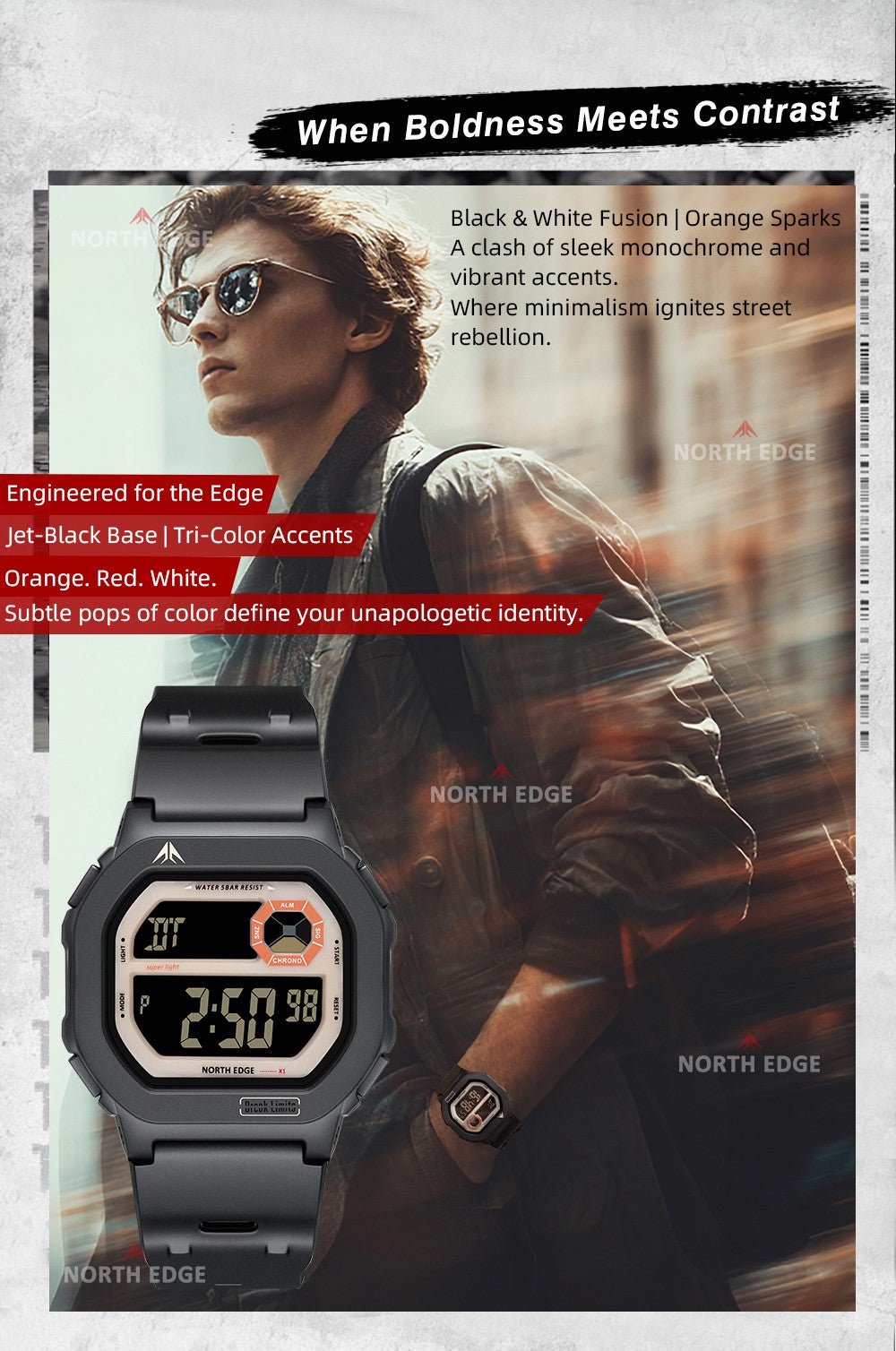 NORTH EDGE X1 Square Screen Digital Watch 2025 Men Women Sportswatch Waterproof 50M Stopwatch Countdown Alarm Clock Reloj Hombre