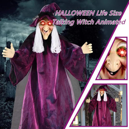 Bruxa Falante em Tamanho Real de Halloween Roxo Assustador Decoração Gritante Controlada por Voz com Olhos Brilhantes