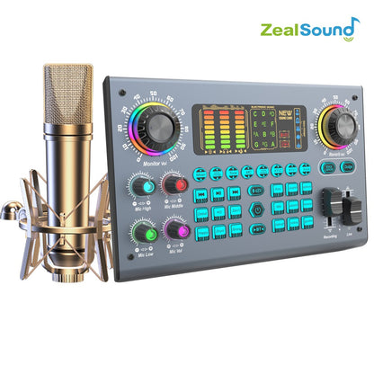 Pacote de equipamentos profissionais Zealsound para podcast e placa de som ao vivo com microfone XLR 48V para gravação em PC, canto, streaming e jogos