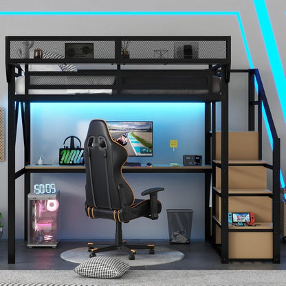 Cama Alta Gamer com Escadas e Escrivaninha, Estrutura de Cama Alta de Metal com Prateleira Lateral e Luz, Camas Altas para Adultos Reforçadas