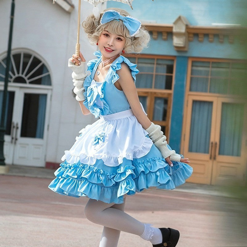 Japanese Cafe Blue Alice Maid Outfit, Cute Cosplay Puffy Dress, Sweet Princess Costume For Role Play Party Daily Casual Wear