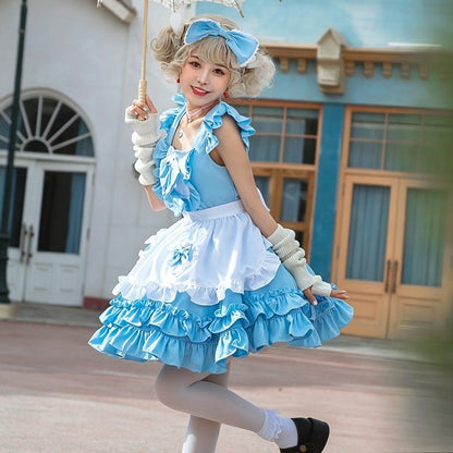 Japanese Cafe Blue Alice Maid Outfit, Cute Cosplay Puffy Dress, Sweet Princess Costume For Role Play Party Daily Casual Wear
