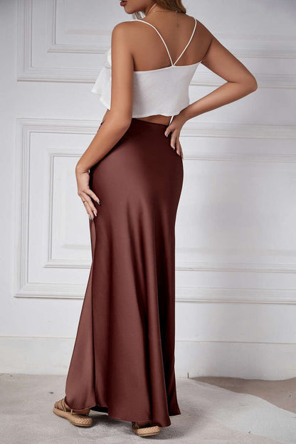 New In 2025 Spring Summer Solid Color Satin Long Skirt For Women High Waist Lace