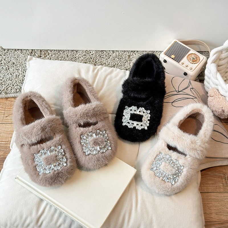 2025 Autumn Winter Children Warm Fur Shoes Fashion Rhinestone Moccasins Flats Outwear Girls Shoes Khaki, Beige, White
