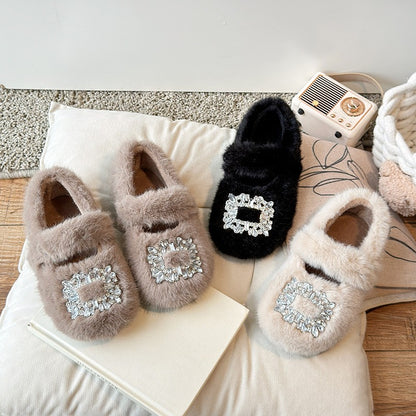 2025 Autumn Winter Children Warm Fur Shoes Fashion Rhinestone Moccasins Flats Outwear Girls Shoes Khaki, Beige, White