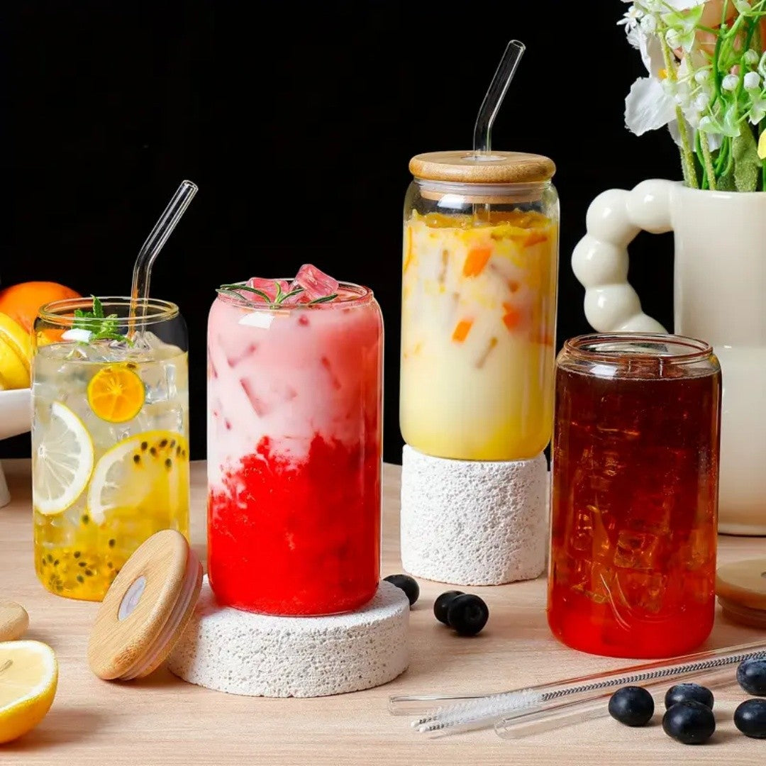 6 Copos de Vidro de 550ml com Tampa de Bambu e Canudo de Vidro - Copos para Cerveja, Café Gelado, Copos Estéticos Fofos Ótima