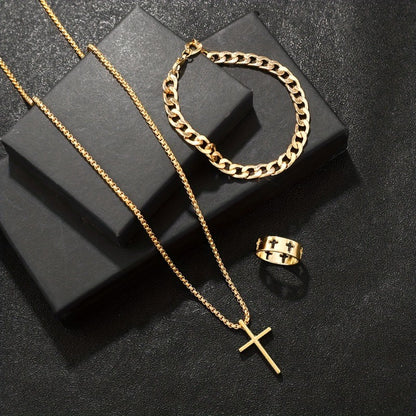 Conjunto de Joias de Aço Inoxidável 3 Peças para Homens Colar com Pingente de Cruz Corrente Pulseira Anel Conjunto Acessórios de Design Personalizado Presentes