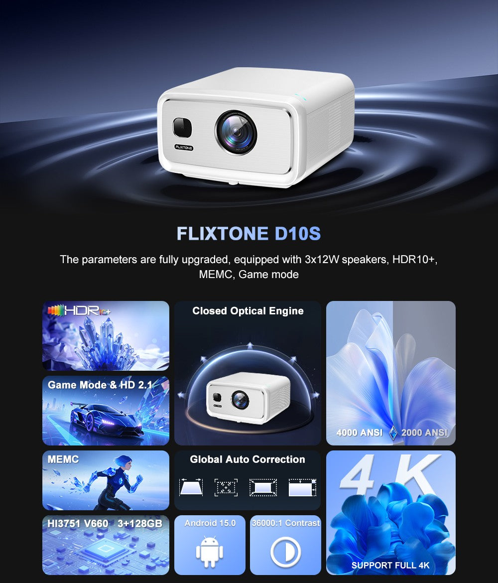 Projetor Flixtone 4000 Ansi Full HD 4k D10S 3G 128G Beam Projetores Home Theater Vídeo Android 15 Samrt TV Beamer para Filmes