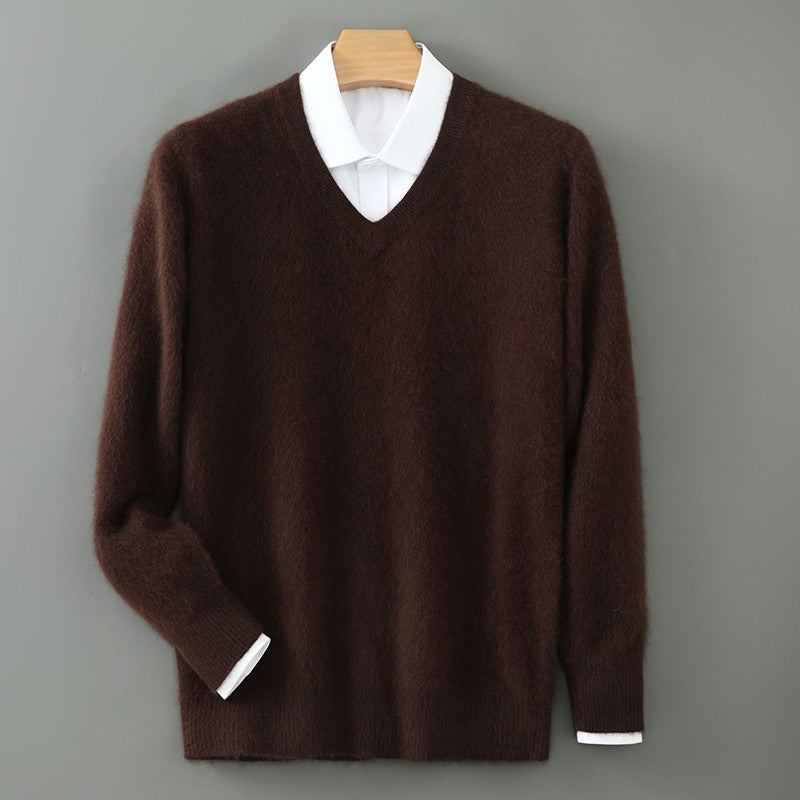 Autumn And Winter New Warm Pure Mink Cashmere Sweater Men's V-neck Pullover Thickened Plus Size Knitted Bottoming Shirt