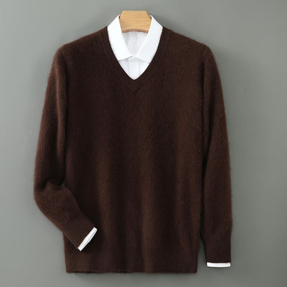 Autumn And Winter New Warm Pure Mink Cashmere Sweater Men's V-neck Pullover Thickened Plus Size Knitted Bottoming Shirt