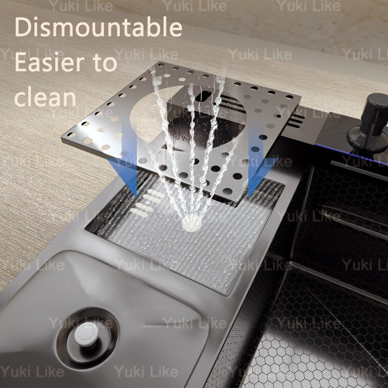 Stainless Steel Waterfall Kitchen Sink Digital Display Extra Large Single Bowl Multifunctional Household Vegetable Washing Sink