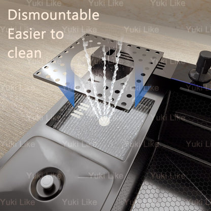 Stainless Steel Waterfall Kitchen Sink Digital Display Extra Large Single Bowl Multifunctional Household Vegetable Washing Sink