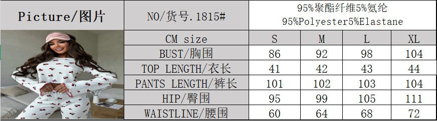 Lace Trim Women Pajama Set Short Sleeve Front Button Top & Full-Length Pants Cherry Print 2 Pieces Sleepwear Nightwear Homewear