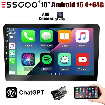 Rádio Estéreo Automotivo de 7/9/10 Polegadas Duplo 2 Din 4+64G Android 15 ChatGpt AI WIFI GPS Navegação FM/RDS Bluetooth SWC Unidade Principal+DVR&AHD