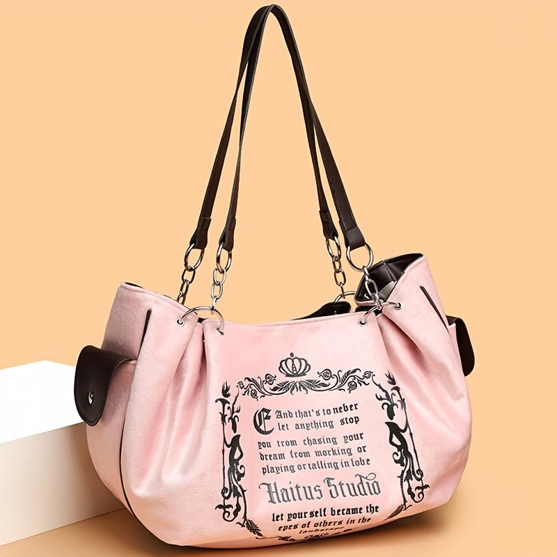 Letter Print Faux Suede Women Handbag Shoulder Bag, Retro Large Capacity Tote Bag for Daily Commuting and Hand-Carry.Pumpkin Bag