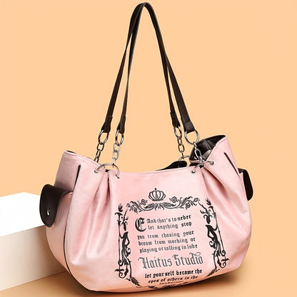Letter Print Faux Suede Women Handbag Shoulder Bag, Retro Large Capacity Tote Bag for Daily Commuting and Hand-Carry.Pumpkin Bag