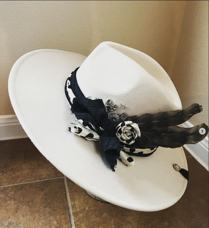 Chapéu Fedora Pintado à Mão Masculino e Feminino Chapéu Panamá Moda Primavera Outono com Pena Envolta Chapéu Fedora de Lã com Aba Grande