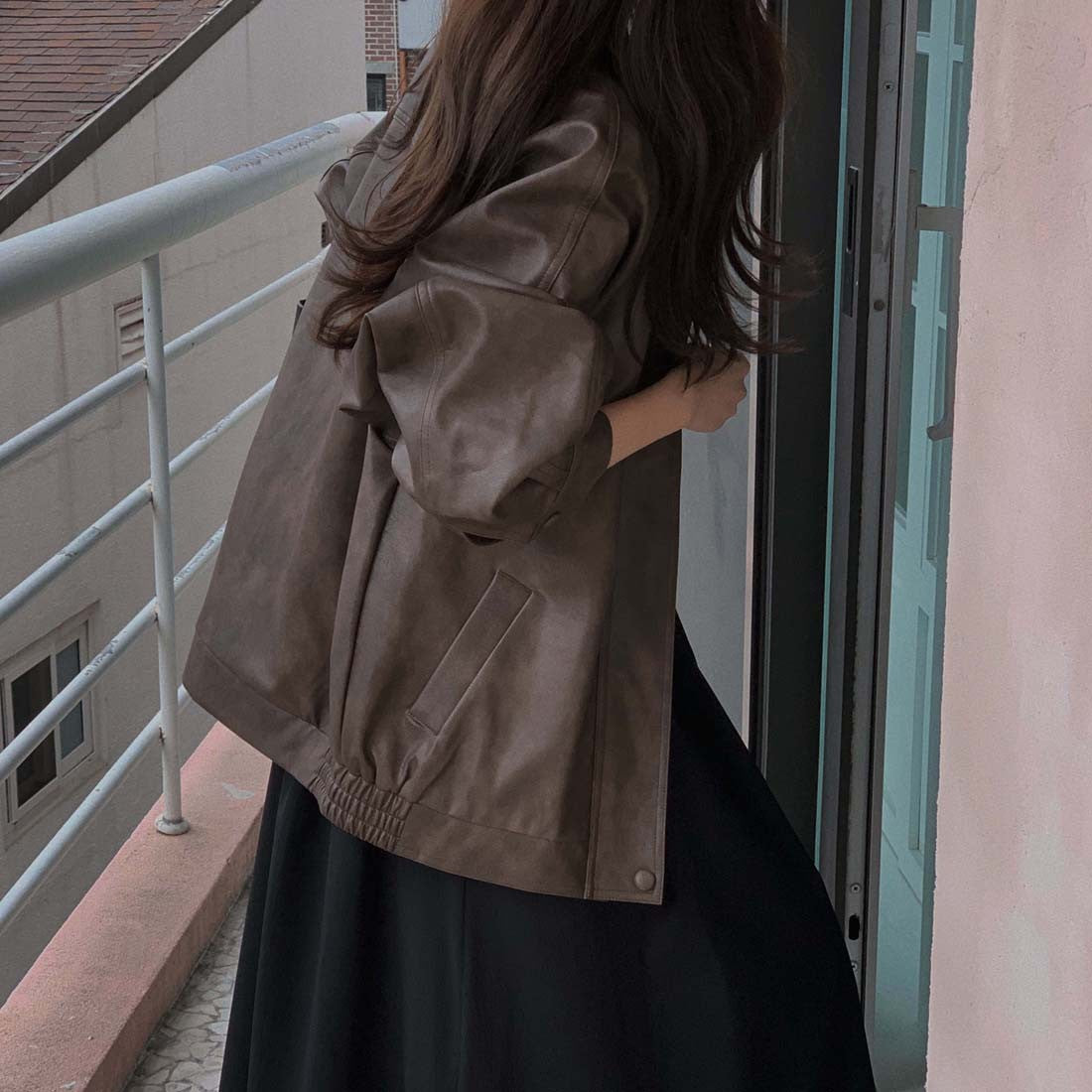 Sli Loose PU Leather Jaet Women's Chic Retro Collar Versatile BF Sle Motorcycle Clothes Trendy Long Sve Zipper