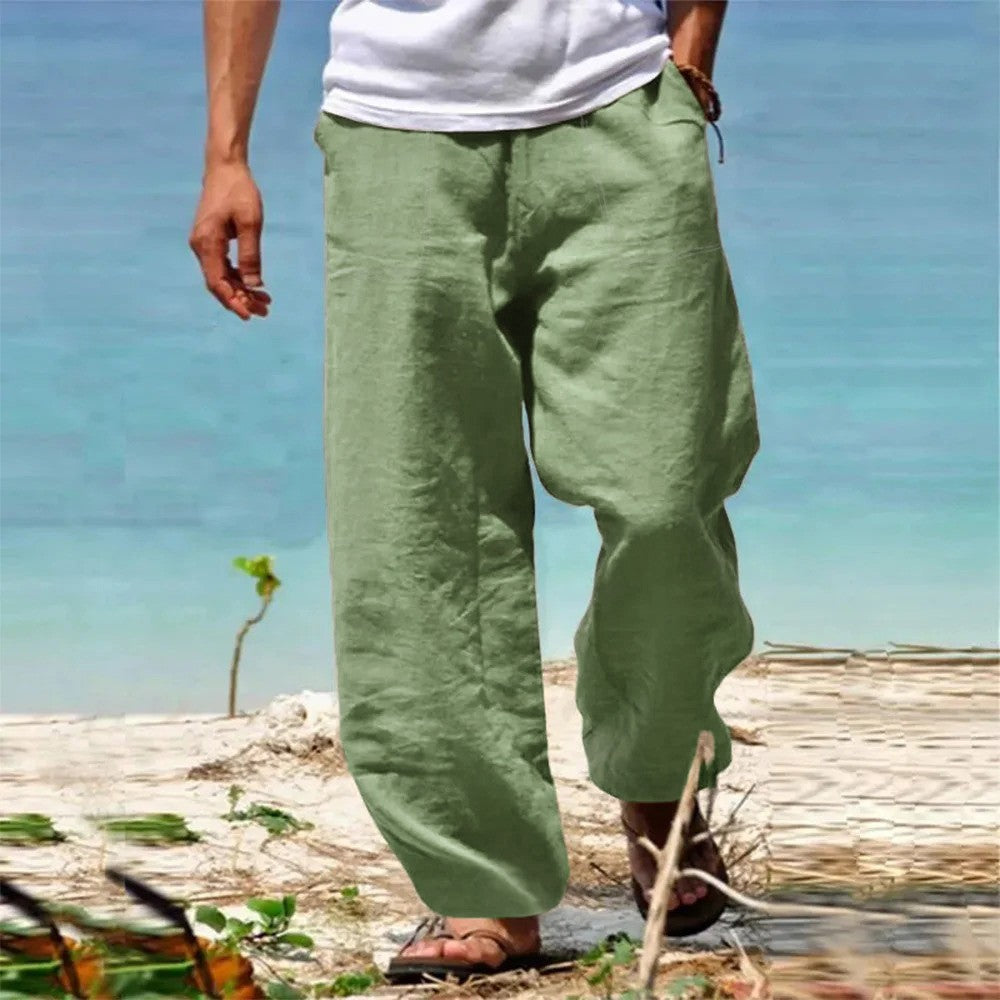 Calças Masculinas de Linho e Algodão Perna Reta Respiráveis Leves Estilo Praia Confortáveis Calças Casuais Primavera Verão