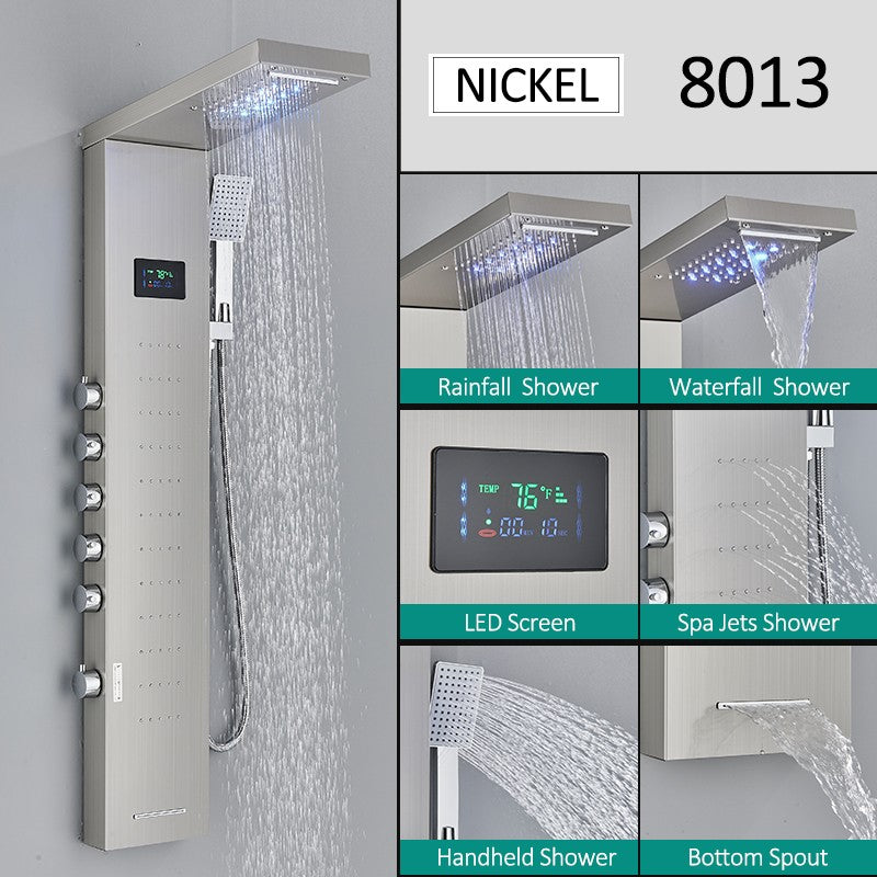 Sistema de Torre de Painel de Chuveiro de LED Coluna de Chuveiro de Cascata de Chuva com Tela LCD de Hidroeletricidade com Torneira de Chuveiro de Spa de Corpo com Massagem