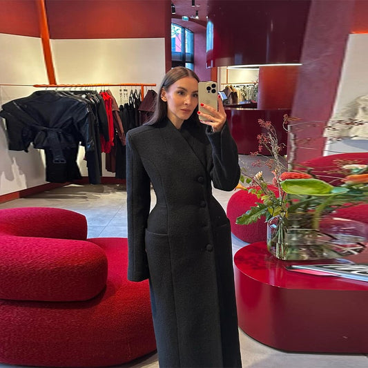 Black Tailored Long Coat Women Elegant Asymmetric Button Front Pockets Full Sleeve Criss-cross Neck Jacket 2025 Casual Outerwear
