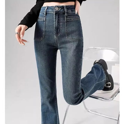 Spring Woman High Waist Vintage Flare Jeans Girls Korean Y2k 2000s Bell Bottom Pants Female Streetwear Gray Blue Denim Trousers