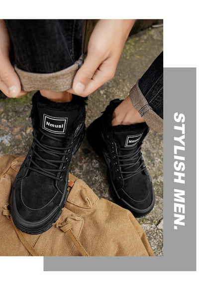Winter Fleece Warm High-top Men's Shoes Trendy Casual Outdoor Solid Color Mid-top Fashionable Round Toe Plus-size Snow Boots