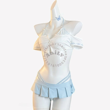 AniLV Anime Summer Beach Vacation Stripe Bikini Student Swimsuit Outfits Cosplay Costumes
