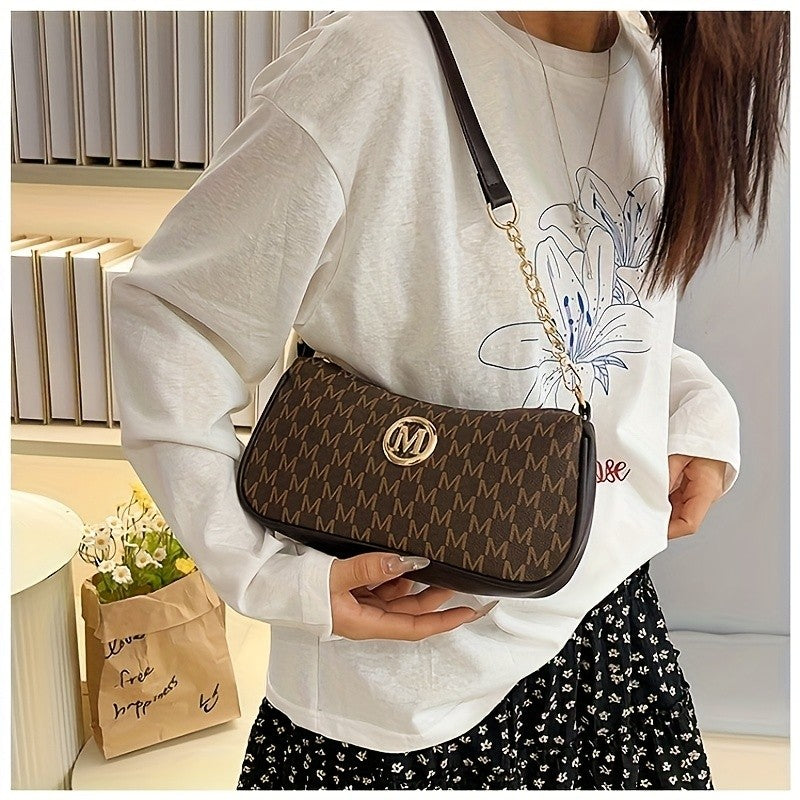 Vintage Underarm Bag for Teenager Letter Print Crossbody Small Square Bag with Chain Shoulder Handbag Adjustable Crossbody Strap