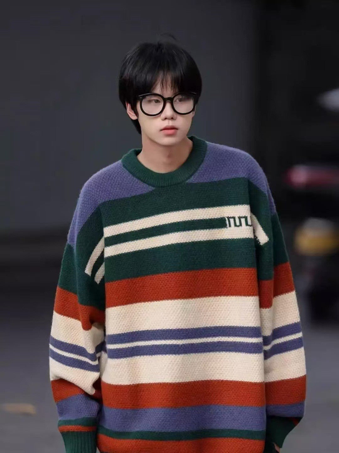 Simple Versatile Trendy Men's Crew Neck Sweater Contrasting Stripes Casual Loose Neutral Style Pullover