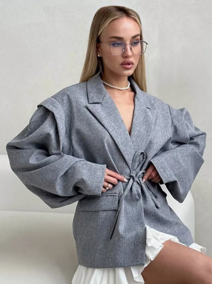 Lace Up Shoulder Pad Blazer Coat Women Elegant Turn-down Collar Long Sleeve Pockets Slim Fit Coats Chic Ladies Commute Outerwear