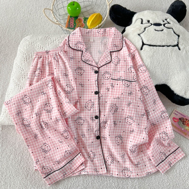 Hello Kitty Cute Kawaii Pajama Set for Women Autumn Soft Fabric Comfort Plaid Loungewear 2 Piece Long Sleeve Top Pants Sleepwear