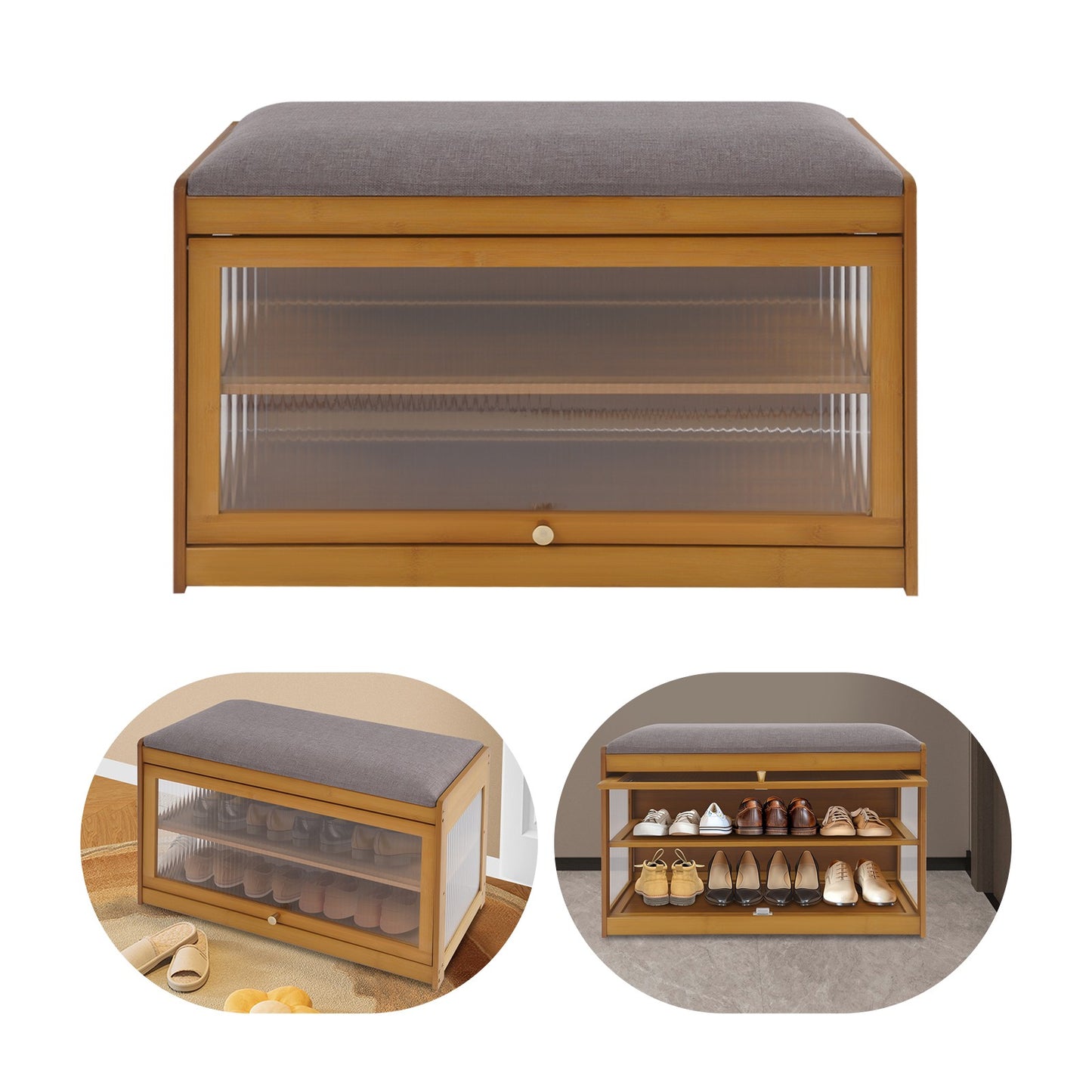 Brown Entryway Shoe Bench Shoe, Rack Bench with Cushion, Modern Hallway Sitting Stool for Home, Living Room, Porch