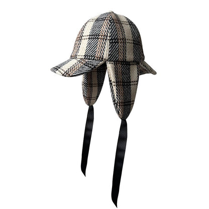 Unisex British-Style Sherlock Holmes Deerstalker Hat for Fall Winter Wool Blend Plaid Double Brim Ear-Warming, Trendy Detective