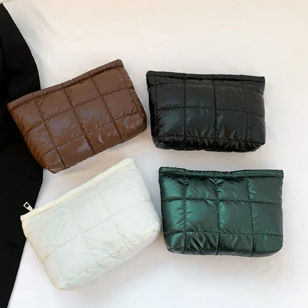 Cotton Filled Puffer Pouch Large Capacity Storage Purse Puffer Padded Makeup Bag Sewn Waterproof Thick Plaid Clutch Bag Daily
