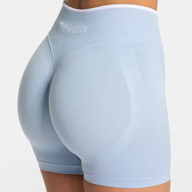TEVEO Femmes Sans Couture Gymnase Solide Sport Allumer Court Blanc Taille Serrée Taille Haute Hanche Levage Yoga Pantalon Course