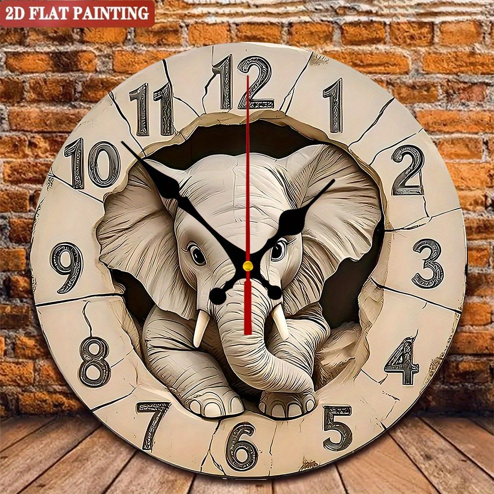 Elephant Digital Wall Clock. Wooden round silent display for living room, bedroom or office.