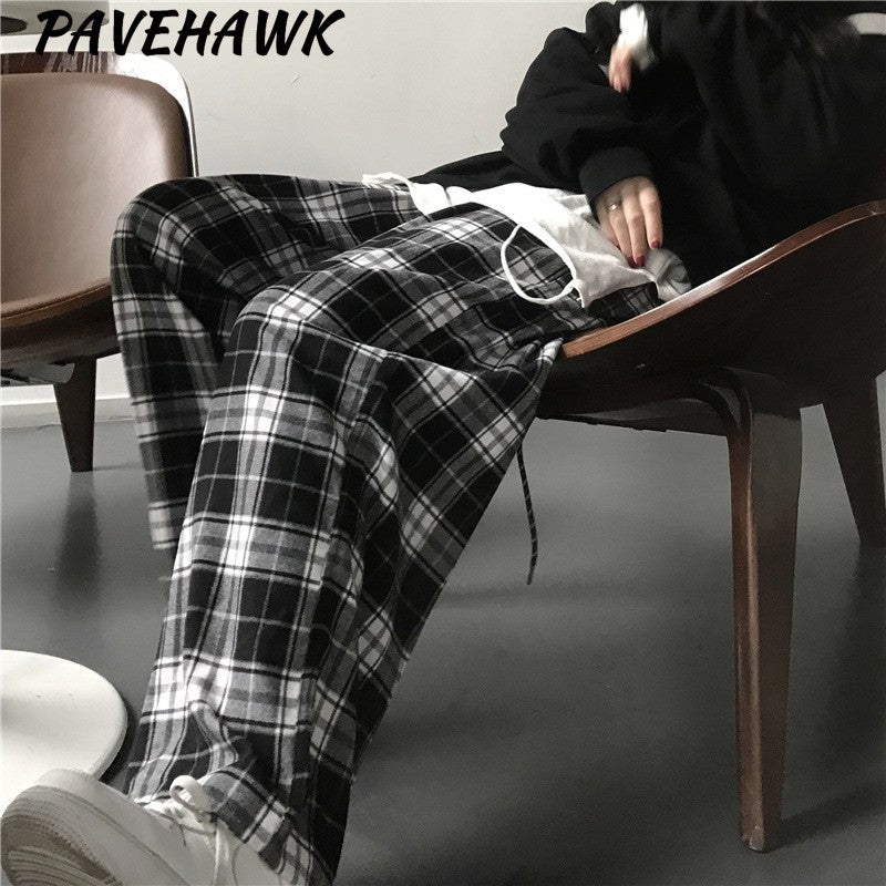 Women Black Plaid Wide Leg Pants Casual Hip Hop Elastic Waist Pockets Baggy Trousers Loose Vintage Y2K Sweatpants Streetwear