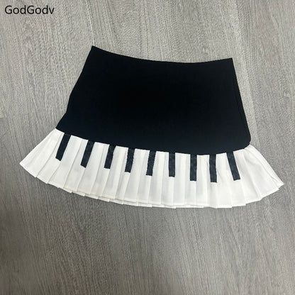 Spring Black White Spliced Women Short Skirt 2025 Y2k Slim Design Harajuku Mini