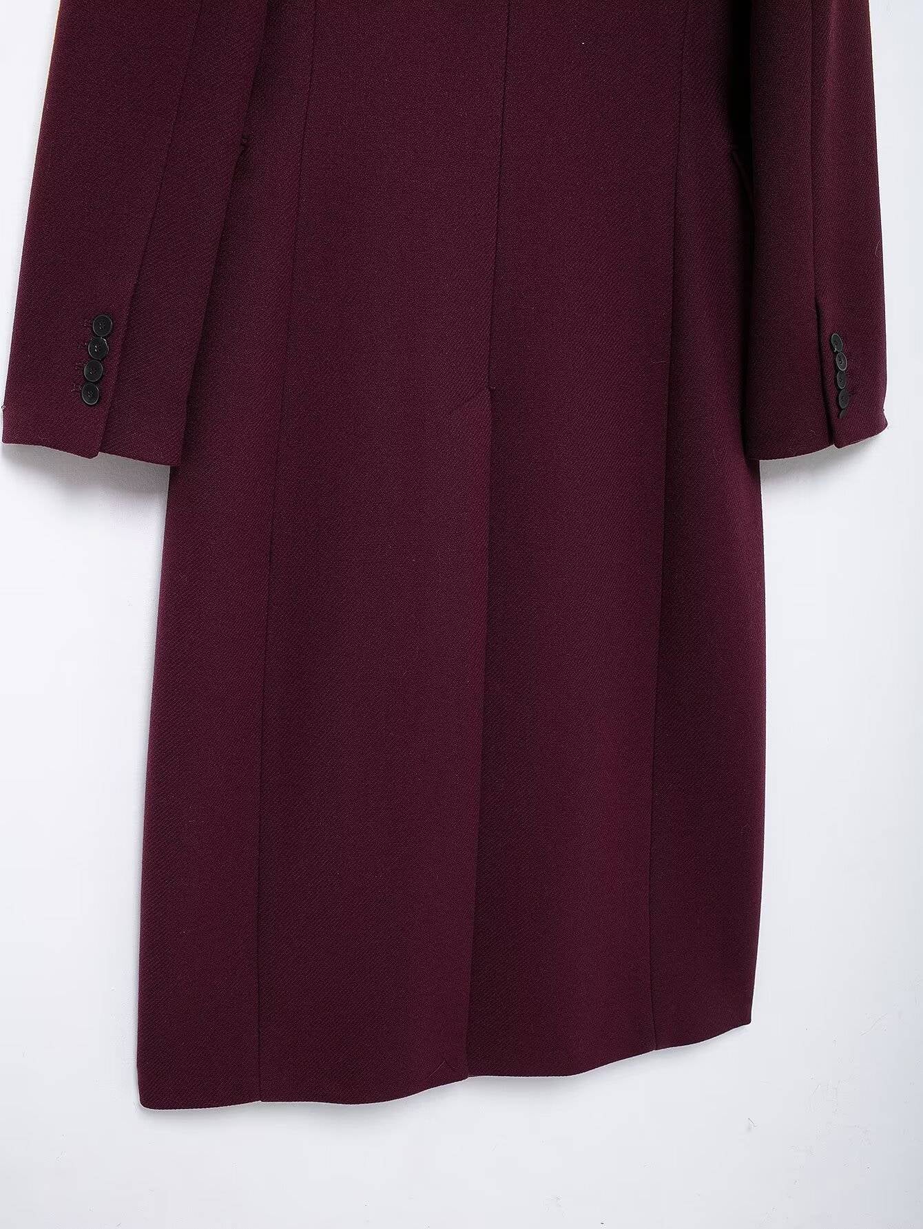 HH Women Fashion Burgundy Woolen Coat Double Breasted Long Sleeve Lapel Blends Jacket Autumn Winter High Street Outerwear