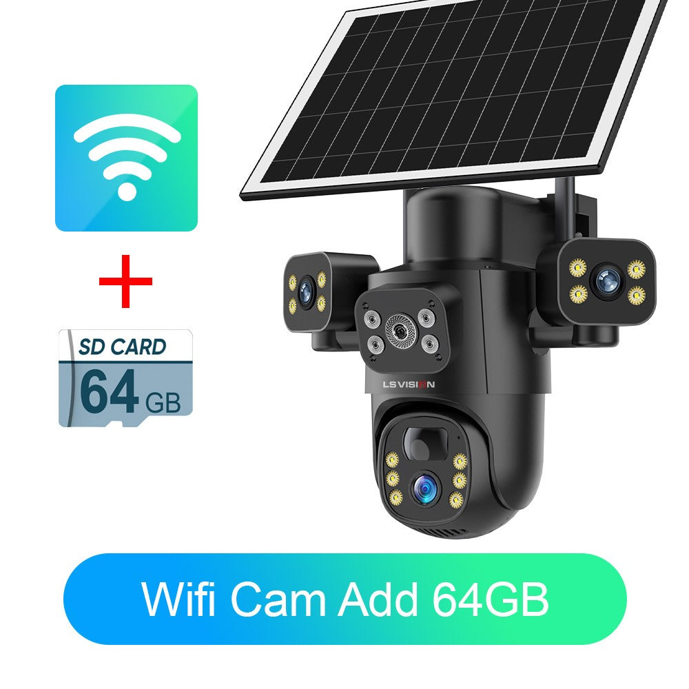 LS VISION 4G / WiFi Solar Camera 3Lenses Outdoor 15MP 4K Low Power Battery IP Camera PIR Night Vision V380 Pro CCTV Security