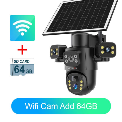 LS VISION 4G / WiFi Solar Camera 3Lenses Outdoor 15MP 4K Low Power Battery IP Camera PIR Night Vision V380 Pro CCTV Security