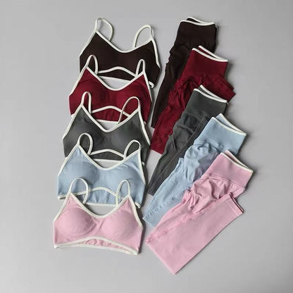 Women's Fitness Suit, Strappy Contrast Color Patchwork Sports Shockproof Slimming Quick-Dry Nude Feel Pants, Yoga Wear