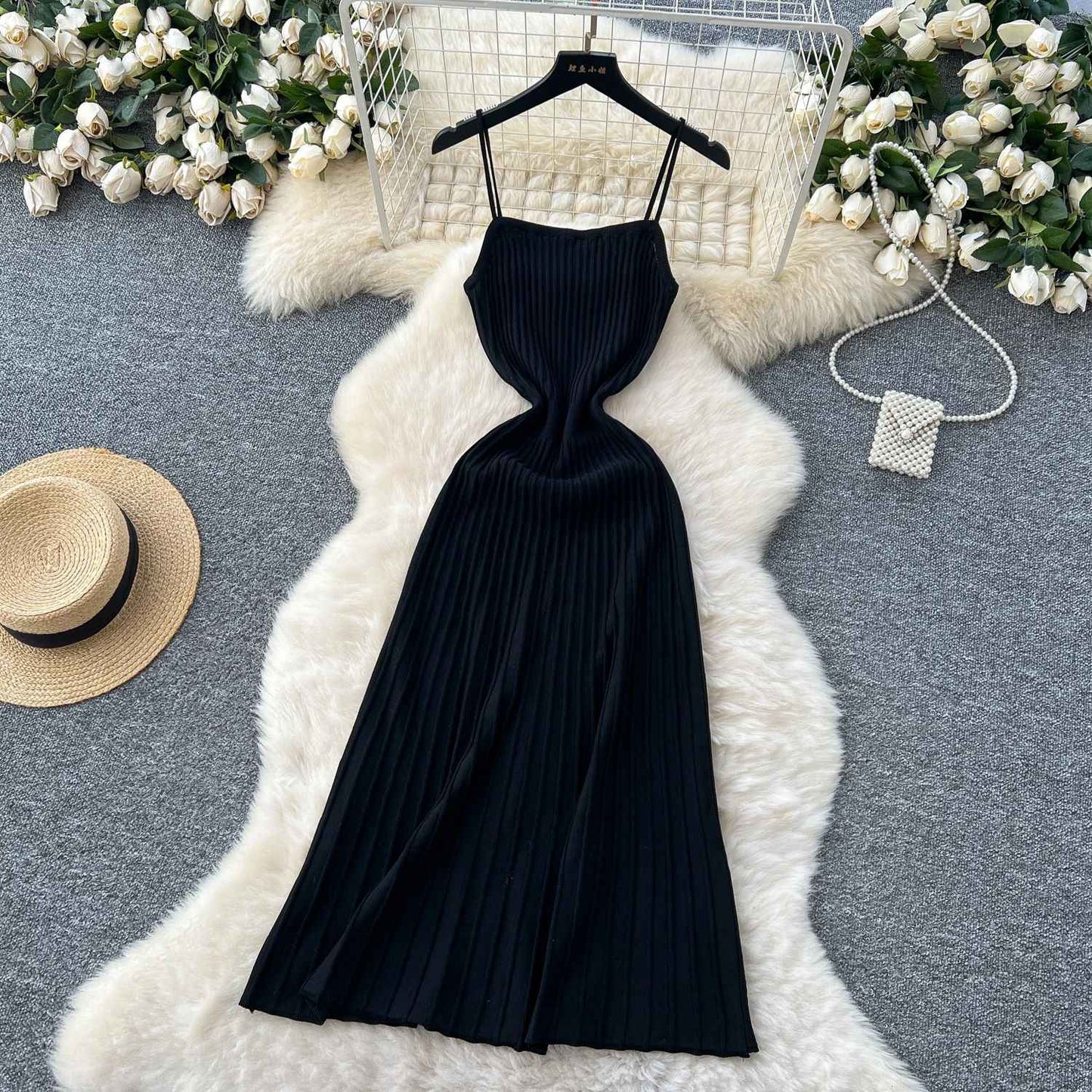 Knitted Pleated Long Dress High Waist Midi Sling Dress Elegant Sleeveless Yellow