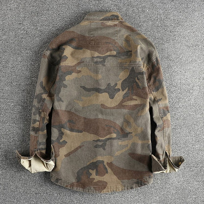2024 Autumn New American Retro Woven Camouflage Cargo Shirt Men's Fashion 100% Cotton Washed Multi-pocket Casual Thin Jacket