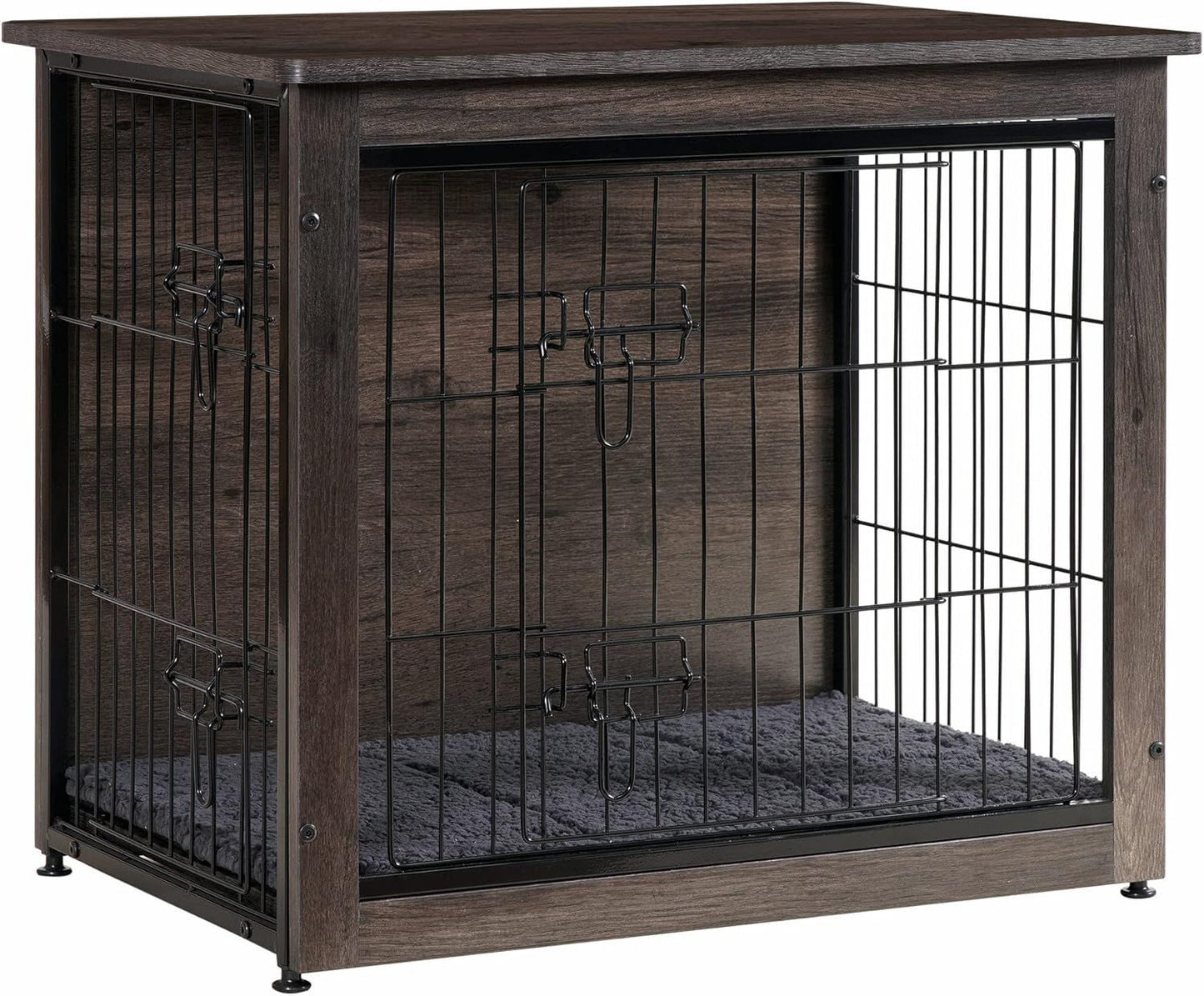 Móvel Canil para Cães com Almofada, Mesa Canil de Madeira, Portas Duplas, Casinha de Cachorro Interna, Pequeno a GG, 69,08 cm C, Cinza Escuro