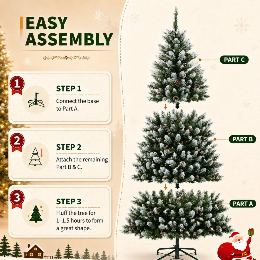 Pre-Lit Flocked Artificial Christmas Tree 6‘/9’ with Warm White LED Lights, Realistic Pine Branches, Snow Covered Xmas Tree, Slim Space Saving Design, Sturdy Metal Stand, Indoor Outdoor Holiday Decoration